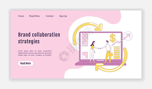 品牌合作策略登陆页面平面轮廓矢量模板 联盟营销主页布局 带有卡通轮廓字符的一页网站界面 网页横幅网页图片