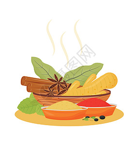 印度饮料调味品卡通矢量图 木碗中的传统饮料调味料扁平色物体 茶饮料成分隔离在白色背景上图片