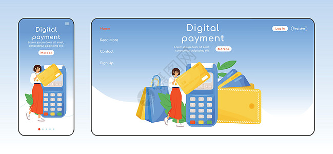 数字支付自适应登陆页面平面颜色矢量模板 无现金交易移动和 PC 主页布局 客户服务单页网站 UI 信用卡网页跨平台设计图片
