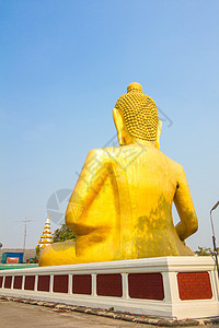在泰寺大金佛像的背面旅行古董文化教会工艺建筑学佛教徒宗教金子天空图片