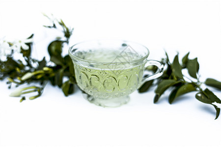 印度茉莉花或Juhi或的近杯茶 用鲜花在玻璃杯中的白色孤立陶瓷制品饮料杯子咖啡店茉莉玻璃早餐桌子香气图片