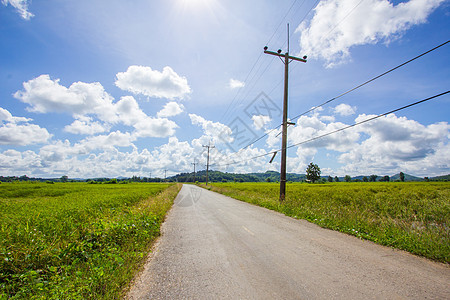 泰国经稻田大路的泰国丘陵时间电线杆农场基础设施收获乡村天空街道农业图片