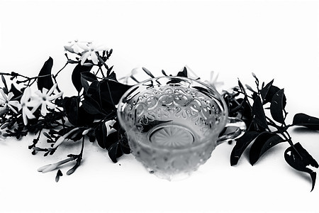 印度茉莉花或Juhi或的近杯茶 用鲜花在玻璃杯中的白色孤立茶点陶瓷制品三叶草桌子茉莉树叶叶子食物杯子图片