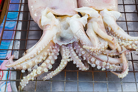 塔海市场上平板铁筛子上的新鲜白鱿鱼烹饪炙烤烧烤午餐肉丸托盘海鲜烤串火焰食物图片