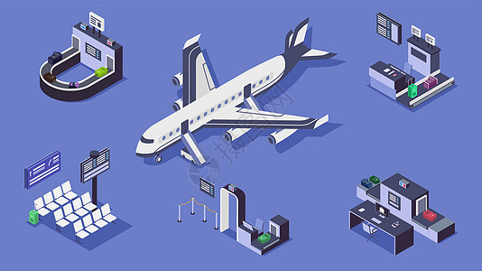 机场等距颜色矢量插图集 行李带商业飞机和安全检查站 3d 概念隔离在蓝色背景上 行李扫描仪终端和值机柜台图片