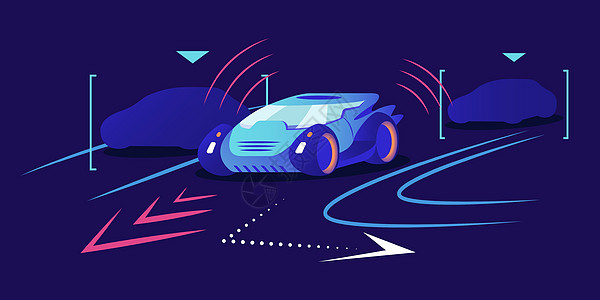 无人驾驶汽车平面彩色矢量插图 蓝色背景下的自主运输自驾车 智能电动汽车在城市交通中的自主导航 智能定位系统图片