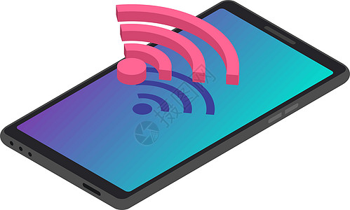 智能手机无线互联网连接等距颜色矢量图  Wifi 信号现代电信 手机与 Wi fi 访问 3d 概念隔离在白色背景上图片