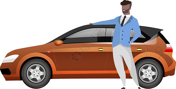 男子站在掀背车平面颜色矢量不露面的角色旁边 非洲裔美国商务人士与自动隔离卡通插图的网页图形设计和动画 幸福家庭车主图片
