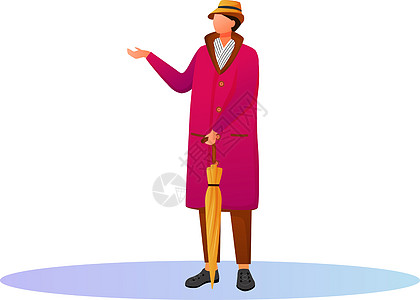 穿着粉色雨衣的男人扁平的颜色矢量不露面的角色 戴着帽子和围巾的白种人 阴雨天气 秋雨天 白色背景上带雨伞的男性孤立卡通插图图片
