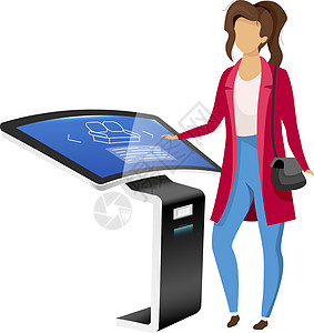 使用数字标牌板平面颜色矢量不露面字符的妇女 产品促销亭用户在白色背景上孤立的卡通插图 具有交互式界面的现代技术背景图片