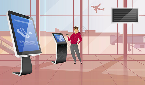 快乐的人使用银行终端平面彩色矢量插图 游客在售货亭附近办理登机手续 机场的交互式数字机器 带传感器显示屏的独立式结构图片