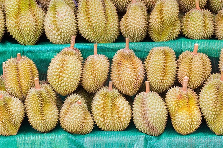 水果之王Durian在泰国出售进攻托盘甜点墙纸商务市场旅游人士香味热带背景图片