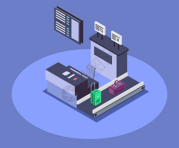 机场检查反等距颜色矢量图 航空公司接待 3d 概念隔离在蓝色背景上 登记台和带乘客行李的传送带图片