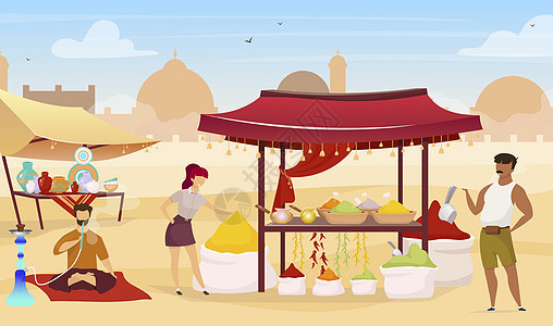 土耳其集市平面彩色矢量插图 阿拉伯街头市场 为游客提供纪念品的埃及市场 人们在背景上购买带有贸易帐篷的香料不露面的卡通人物图片