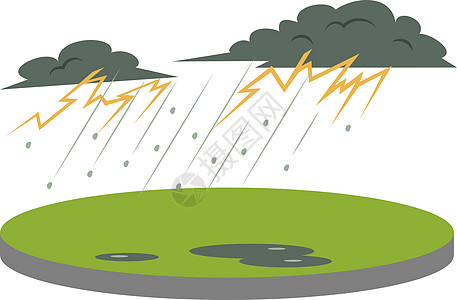 农村地区卡通矢量图中的雷暴 雷电交加 大雨和冰雹 极端的天气条件 灾害 白色背景上孤立的平面颜色自然灾害图片