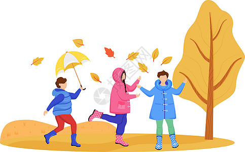 穿着雨衣的儿童平面颜色矢量不露面的角色 玩白种人的孩子 秋天的性质 潮湿的天气 下雨天 穿着橡胶靴的小朋友在白色背景上孤立的卡通图片