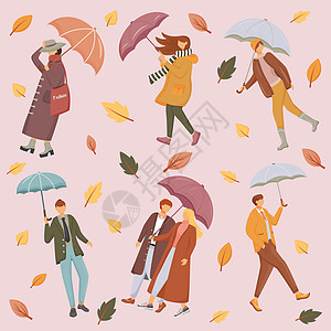 带雨伞的人平面矢量无缝模式 粉红色的背景 季节性磨损 秋叶纹理与卡通颜色图标 雨天和刮风天气包装纸壁纸设计图片