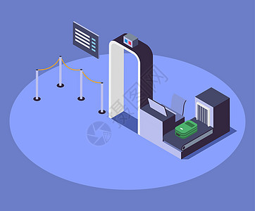 机场安全检查站等距颜色矢量图 航空公司安全措施 3d 概念隔离在蓝色背景上 金属探测器门和乘客行李 scanne图片