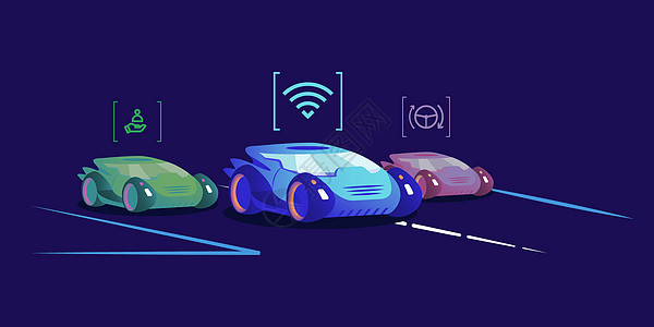 无人驾驶汽车平面彩色矢量插图 蓝色背景下具有不同自动化水平的未来派自动驾驶车辆 驾驶辅助的汽车高度和全自动化模式图片