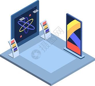 科学博物馆等距矢量图 科学展览区贸易展场所内部 3d 布局隔离在白色背景上 贸易展图片