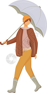 穿套头衫和夹克的女人扁平的颜色矢量不露面的角色 穿着橡胶靴走路的白人女士 潮湿的天气 手持雨伞的女性在白色背景上孤立的卡通插图图片