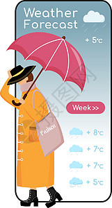 天气预报卡通智能手机矢量应用程序屏幕 手机显示平面人物设计样机 穿高跟鞋的时尚女性 有伞的女性 气象应用电话接口图片