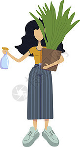 零废物平面卡通矢量插图 站着的女人拿着盆栽植物 室内花卉护理 准备使用 2d 字符模板进行商业动画印刷设计 孤立的漫画她图片