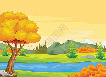 河流与秋天的森林背景图片