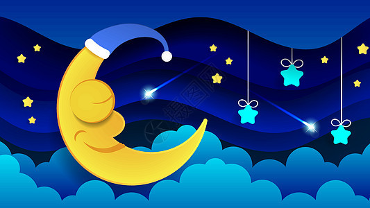可爱的卡通月亮在夜空中 睡月晚安孩子们 适合贺卡海报或 T 恤印刷的明亮插图科学卡片艺术月球天文学天空蓝色星系行星婴儿图片
