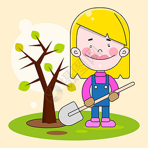 女孩植树矢量图为孩子图片