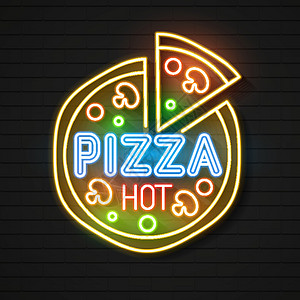 咖啡馆餐厅砖背景上披萨店的霓虹灯标志广告咖啡店夜店招牌广告牌标识海报商业俱乐部插图图片