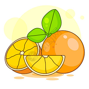 与在白色背景隔绝的叶子的橙色切片 适用于贺卡海报或 T 恤印刷的矢量插图饮食小吃收藏圆圈果汁水果热带营养菜单食物图片