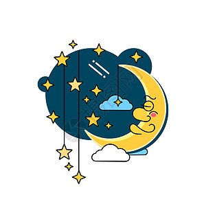 月亮祝晚安的复古插画  EPS10 矢量天空明信片卡片月光艺术卡通片婴儿魔法时间蓝色图片