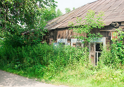 旧的废弃木屋风化废墟木材绿色窗户乡村房子衰变建筑木头图片