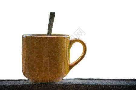 白色背景的木制桌边咖啡杯(含白面)图片