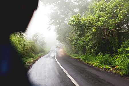 路上大雾 驾驶摩托车的恶劣天气 穿过迷雾笼罩的常绿丛林的道路 冬季雨季 印度尼西亚木头绿色自行车灯笼薄雾植物图片