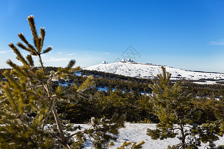 AiPetri山顶的雷达站和其他建筑物 雅尔塔市 克里米亚 俄罗斯 阳光明媚的冬季天雪 霜冻的树木高度晴天气候车站旅游地平线旅行图片