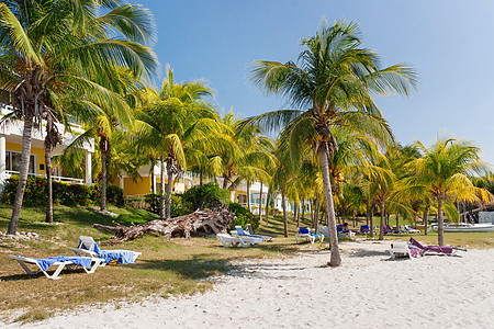游客在古巴的瓦拉德罗沙滩上放松海洋蓝色别墅旅游海浪海滩休息酒店晴天旅行图片