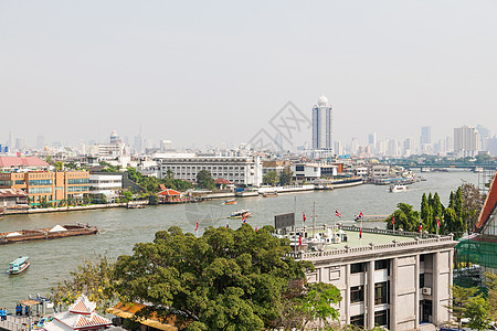 曼谷 全景观望 泰国的焦普拉亚河地平线摩天大楼驳船旅行宝塔建筑地标寺庙景观宗教图片