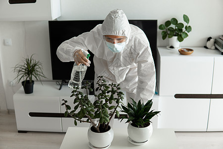 身着防护服 医疗面具和橡皮手套的人在家中起居室照看用喷雾器喷洒的植物 同时对COVID19进行冠状病毒检疫男人危险流感技术公寓感图片