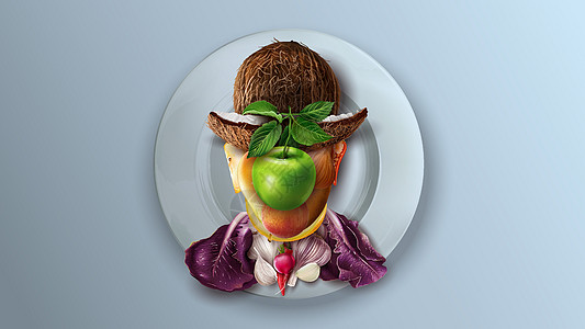 盘子上的水果和蔬菜拼贴画重复了马格利特的男性肖像图片