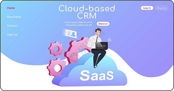 基于云的 CRM 登陆页面平面颜色矢量模板 坐在积云主页布局上的人  SaaS 单页网站界面与卡通人物 计算机软件图片