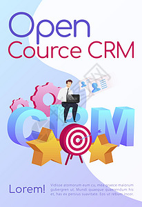 开源 CRM 海报平面矢量模板 公司定制 小册子一页概念设计与卡通人物 目标中的箭头 微笑的人坐在上图片