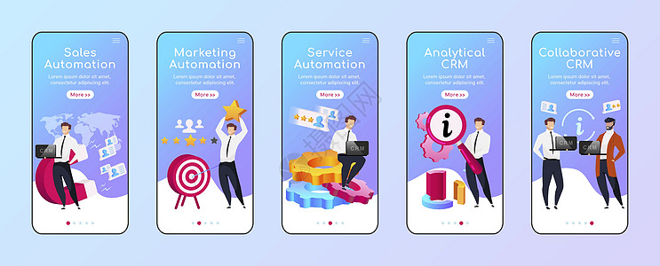 CRM 类型和优势载入移动应用程序屏幕平面矢量模板 销售自动化 演练网站步骤与字符  UXUIGUI 智能手机卡通界面外壳印刷品图片