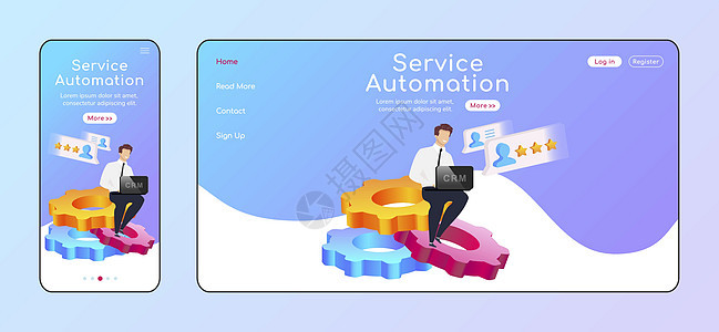 服务自动化自适应登陆页面平面颜色矢量模板 男性坐在齿轮移动和 PC 主页布局上 改进一页网站 UI 的过程  CRM网页跨平台设图片