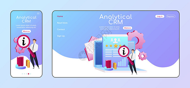 分析 CRM 自适应登陆页面平面颜色矢量模板 带放大镜的男性 mobilePC 主页布局 信息处理页面网站 UI 网页跨平台设计背景图片