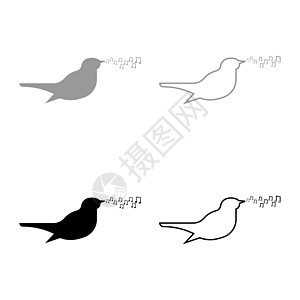 夜莺唱调歌鸟音符音乐概念图标轮廓设置黑色灰色矢量插图平面样式 imag图片