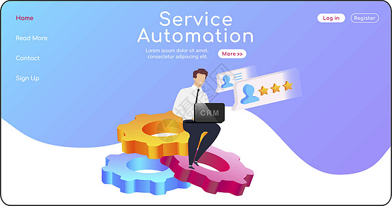 服务自动化登陆页面平面颜色矢量模板 坐在齿轮主页布局上的人  CRM 系统一页网站界面卡通人物 业务优化图片
