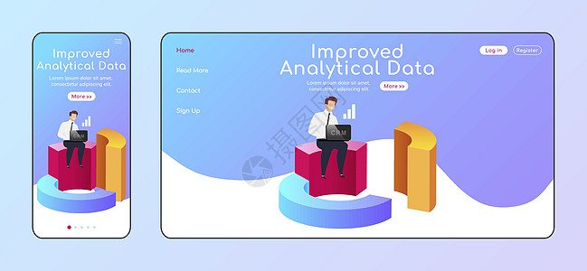 改进的分析数据自适应着陆页平面颜色矢量模板 商务人士与笔记本电脑移动和 PC 主页布局  CRM 一页网站用户界面 图网页跨平台图片