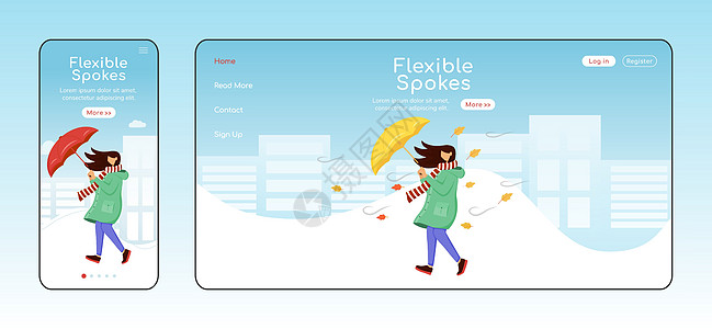 灵活的辐条着陆页平面颜色矢量模板 雨衣主页布局的女人 移动显示 大风天气一页网站界面卡通人物 行走的女士图片